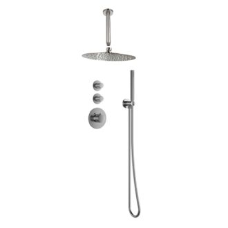 Sani Royal Pro Inbouw Regendouche Gun Metal Geborsteld Messing met geribbelde knop met 2 stopkranen met Plafondsteun en Douchekop 30cm