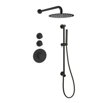 Sani Royal Pro Inbouw Regendouche Mat Zwart Messing Glijstang met geribbelde knop met 2 stopkranen met Muursteun en Douchekop 30cm