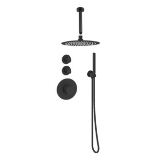 Sani Royal Pro Inbouw Regendouche Mat Zwart Messing metgeribbelde knop met 2 stopkranen met Plafondsteun en Douchekop 20cm