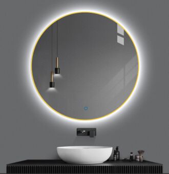 Badkamerspiegel Rond Goud LED Dimbaar en Instelbare Lichtkleur 100 cm met Spiegelverwarming