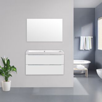 Badkamermeubel Sensio Keramiek 100 cm Hoogglans Wit met Standaard Spiegel met 2 kraangaten