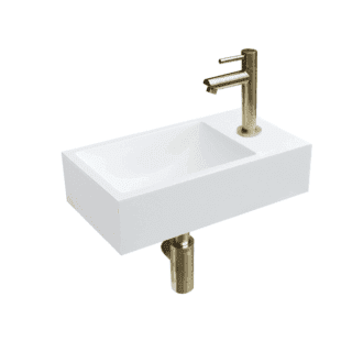 Solid Surface Fonteinset Recto met Kraan, Afvoer en Sifon Goud 40x22x10 cm Kraangat Links