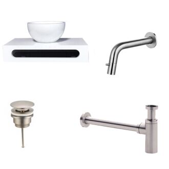 Solid Surface Waskom Rond met Solid Surface Planchet met Inbouwkraan, Afvoer en Sifon RVS 40x22x8 cm