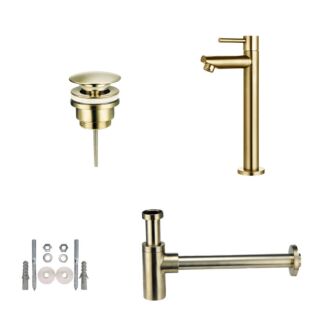 Toiletkraan Hoog set met afvoer en design sifon geborsteld goud