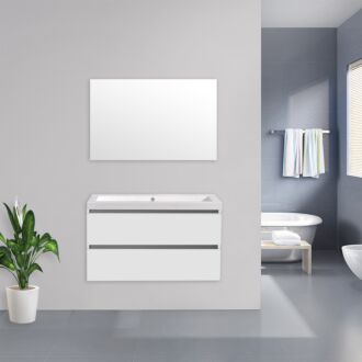 Badkamermeubel Trento Greeploos Keramiek 100 cm Hoogglans Wit met Standaard Spiegel met 1 kraangat