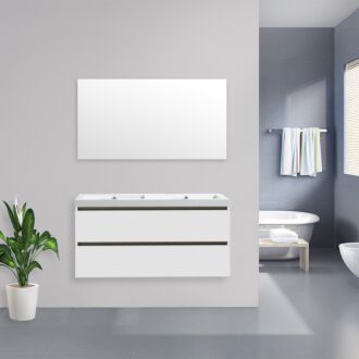 Badkamermeubel Trento Greeploos Keramiek 120 cm Hoogglans Wit met Standaard Spiegel met 2 kraangaten