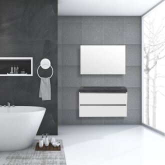 Badkamermeubel Trento Greeploos Natuursteen 100 cm Hoogglans Wit met Standaard Spiegel met 2 kraangaten