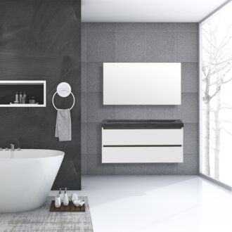 Badkamermeubel Trento Greeploos Natuursteen 120 cm Hoogglans Wit met Standaard Spiegel met 2 kraangaten