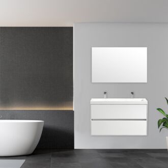 Badkamermeubel Trento Slim Greeploos 100 cm Hoogglans Wit met Standaard Spiegel zonder kraangaten