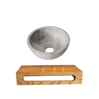 Tundra Grey Marmer Fonteinkom met Massief Wood Planchet 40x22x8 cm